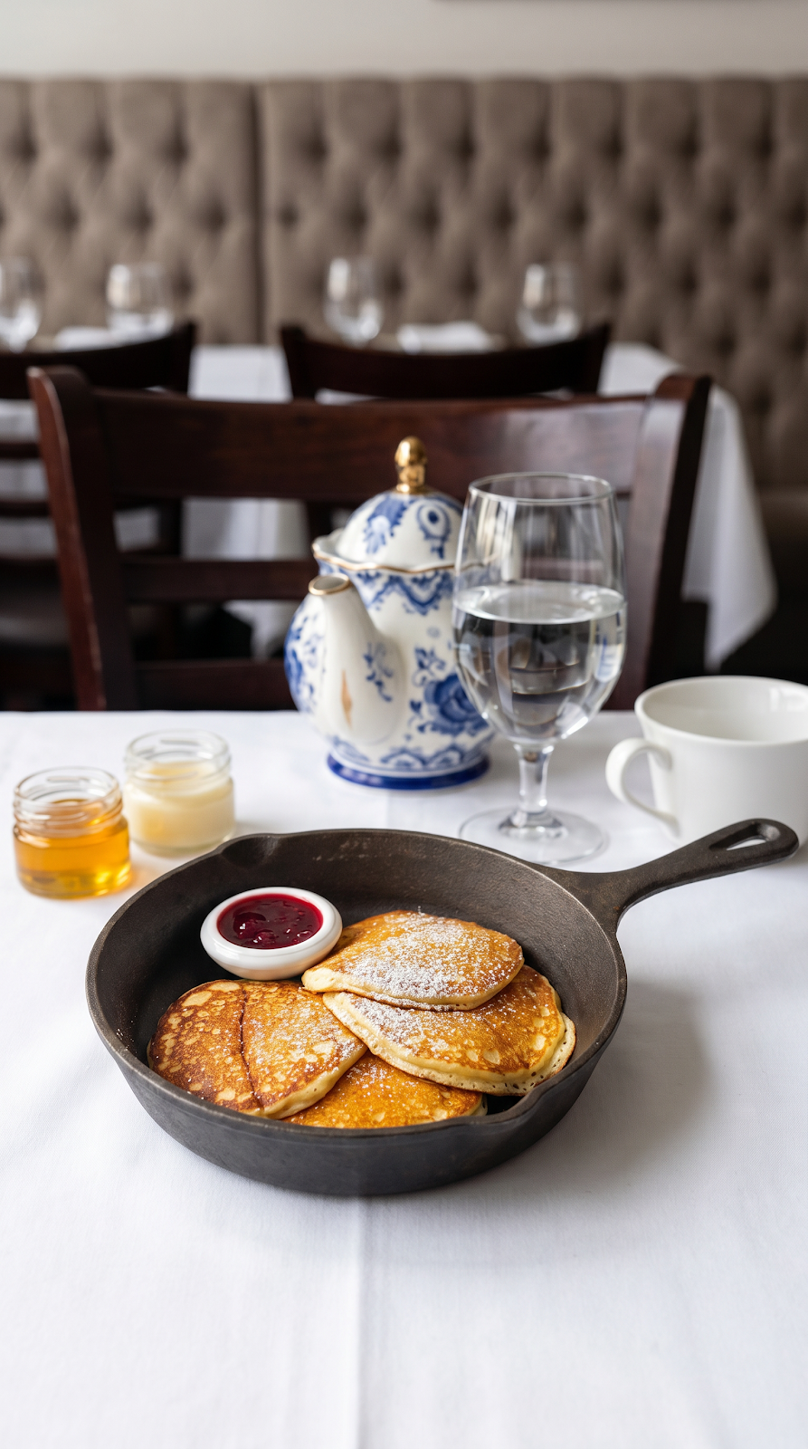 Golden pancakes with berry compote and powdered sugar