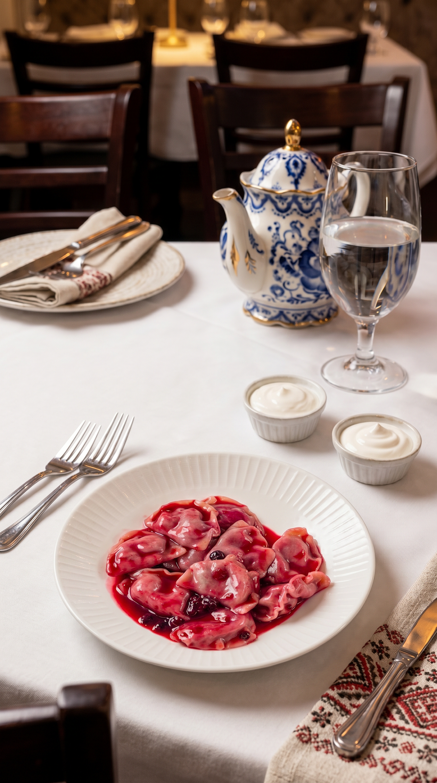 Handmade pierogi with berry sauce and traditional accompaniments