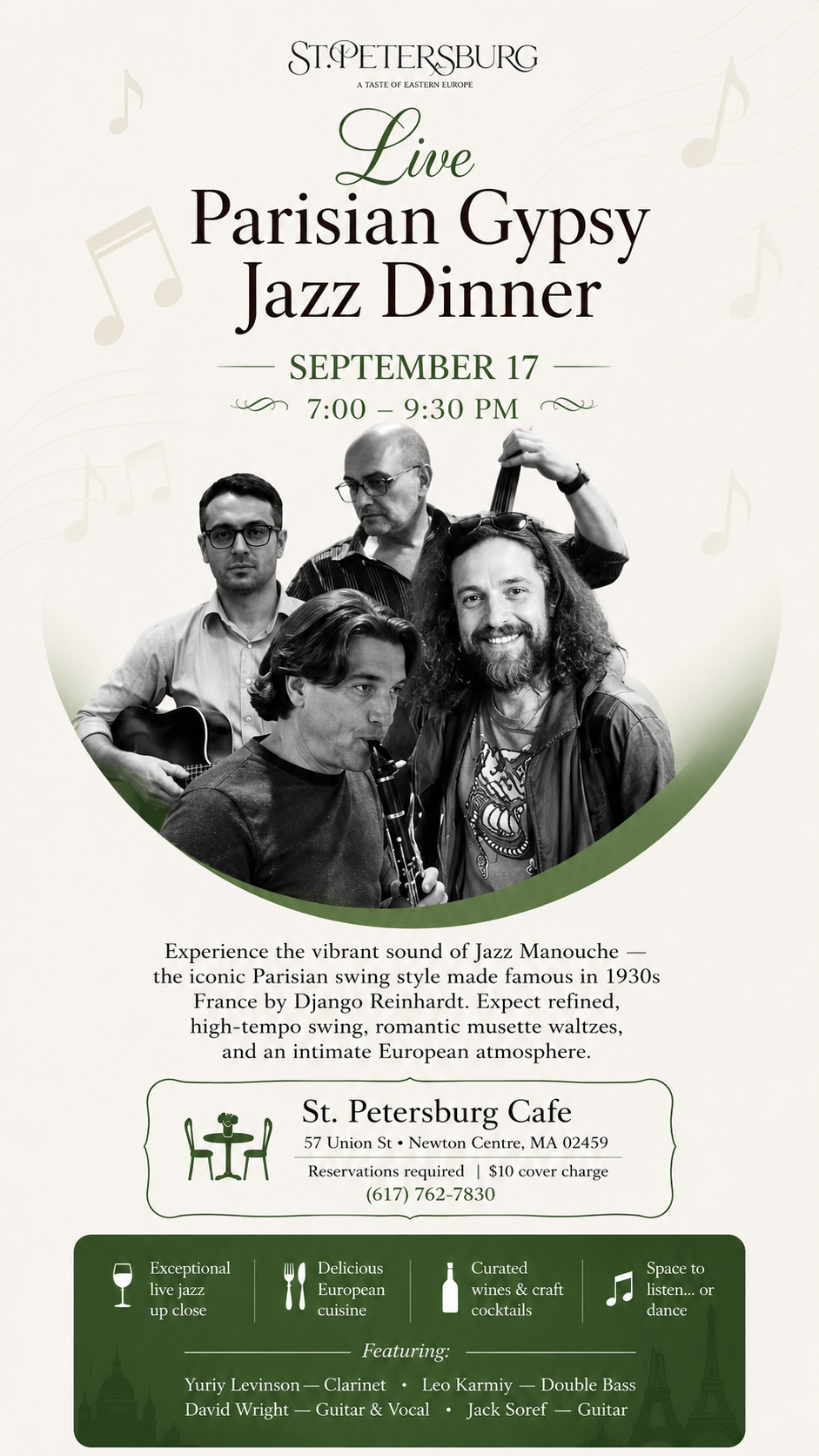 Live Parisian Gypsy Jazz Dinner at Cafe St. Petersburg